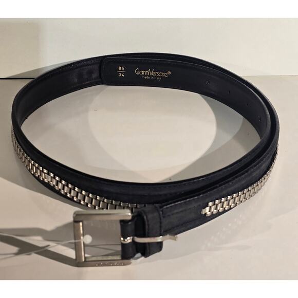 Sz 34 Gianni Versace Black Leather Belt Silver Chain Made in Italy EU 85 NWT